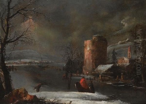 A Winter Landscape With A Town Beside A Frozen River And Figures On Horseback - view 1
