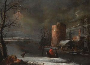 A Winter Landscape With A Town Beside A Frozen River And Figures On Horseback by Marco Ricci