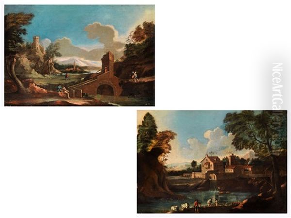Landschaft Mit Bogenbrucke, Erhoht Stehender Burg Und Figurenstaffage (+ Another; Pair) - view 1