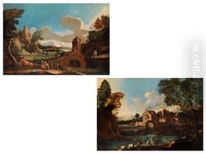 Landschaft Mit Bogenbrucke, Erhoht Stehender Burg Und Figurenstaffage (+ Another; Pair)