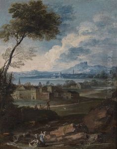 Weite, Gebirgige Landschaft Mit Einer Stadt Und Figuren by Marco Ricci