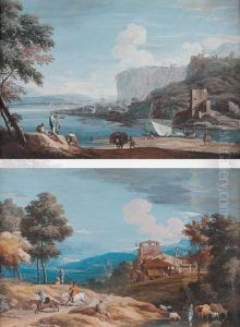 Vue D'un Estuaire Avec Barque De Peche A Voile, Cavalier Et Villageois (+ 3 Others, Various Sizes; 4 Works) Vue D'un Estuaire Avec Barque De Peche A Voile, Cavalier Et Villageois (+ 3 Others, Various Sizes; 4 Works)