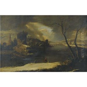 An Extensive Winter Landscape With A Frozen River, A Town In The Right Distance, Workers Repairing A Watermill And Travellers Along A Path by Marco Ricci