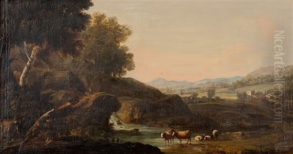 Ideallandschaft Mit Holzfaller, Wasserfall Und Vieh Vor Angrenzendem Gehoft - view 1
