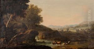 Ideallandschaft Mit Holzfaller, Wasserfall Und Vieh Vor Angrenzendem Gehoft