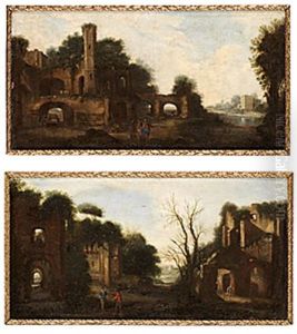Klassiskt Ruinlandskap Med Figurstaffage (+ Another; Pair)