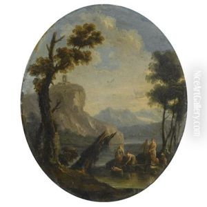 A Craggy River Landscape With The Finding Of Moses In The Foreground by Marco Ricci