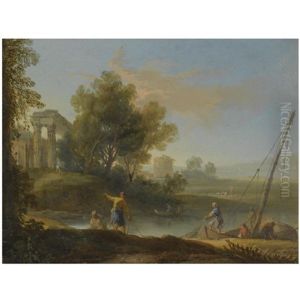 A Fluvial Landscape With Fishermen Unloading Their Nets, Classical Ruins Beyond by Marco Ricci