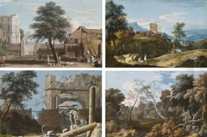 Peasants Working Near A Farm, With A Venetian Villa In The Background (+ 3 Others; 4 Works) by Marco Ricci