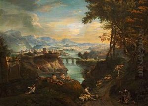 Classical Landscape With People Resting In The Mountains (collab. W/sebastiano Ricci) by Marco Ricci