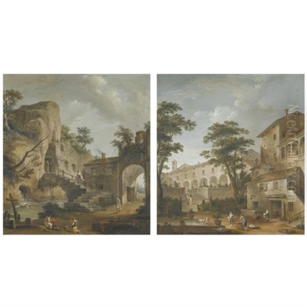 A View Of The Entrace To A Ruined Monastery With Monks And Peasants In The Foreground (+ A View Of A Convent With Nuns And Washerwomen In The Foreground; Pair) - view 1