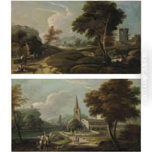 Paesaggio Boschivo Con Una Fontana E Figure Lungo Un Sentiero (+ Paesaggio Fluviale Con Una Processione Presso Una Chiesa; Pair)