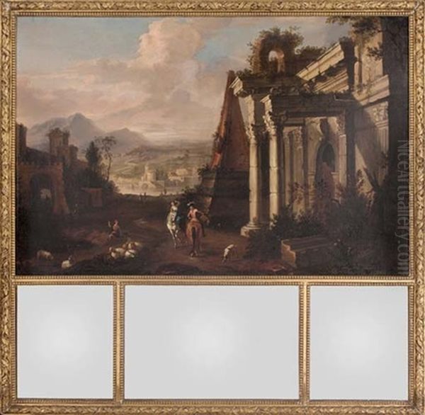 A Classical Landscape With Figures On Horseback And A Shepherd With His Flock By Ruins - view 1