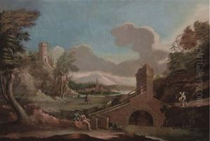 A Landscape With Travellers By A Bridge, A Castle And A Church Beyond (+ A Landscape With With Bathers And A Drover And His Cattle By A River, A Mill Beyond; Pair)