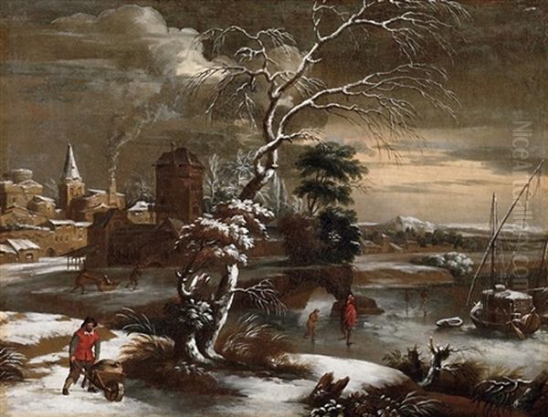 Winterliche Flusslandschaft Vor Den Toren Einer Italienischen Stadtanlage - view 1