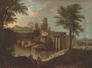 A Wooded River Landscape With Figures Conversing On A Track, Buildings Beyond