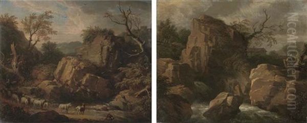 A Rocky Landscape With A Shepherd And His Flock By A Stream (+ A Rocky River Landscape With A Cottage In The Distance; Pair) - view 1