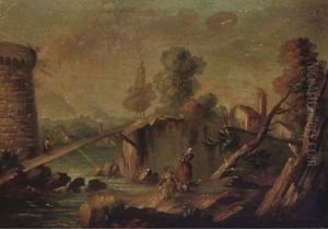 Washerwomen Near A Bridge, A Fortress Beyond (+ A Mediterranean Coastal Harbour With Shipping; Pair) by Marco Ricci