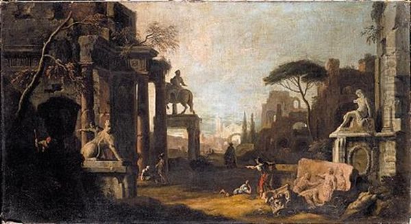 A Capriccio With Architectural Fragments, A Statue Of A Lion, An Equestrian Monument And Figures - view 1