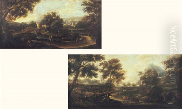Paysage De Riviere Anime De Cavaliers (+ Another, Similar; Pair) - view 1