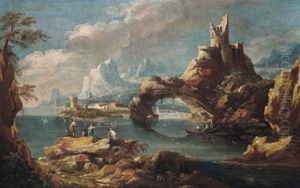 Baia Con Torre E Rovine: Felsenkuste Mit Ruinen Und Anglern Baia Con Torre E Rovine: Felsenkuste Mit Ruinen Und Anglern