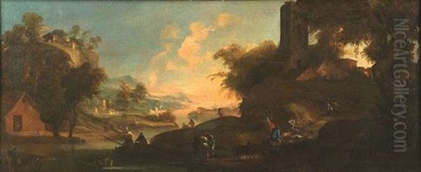 Italienische Fluslandschaft Mit Fischern Und Landvolk - view 1