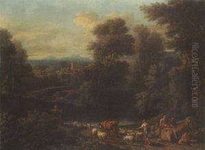 Paysage Avec Berger Et Troupeau Pres D'un Gue