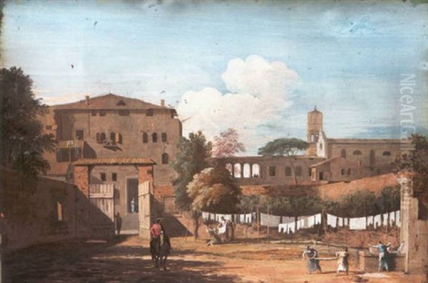 View Of An Italianate Courtyard With Woman Hanging Washing By A Fountain - view 1