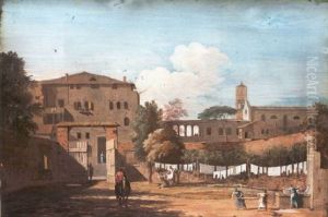 View Of An Italianate Courtyard With Woman Hanging Washing By A Fountain by Marco Ricci