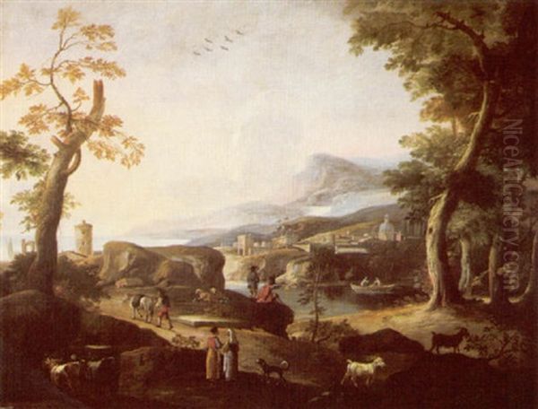 A River Landscape With Peasants And Livestock In The Foreground, A Town And Mountains In The Distance - view 1