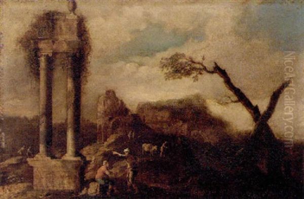 A Landscape With Figures By Classical Ruins - view 1