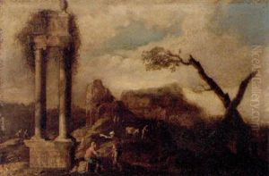 A Landscape With Figures By Classical Ruins by Marco Ricci