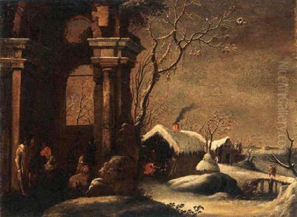 A Winter Landscape With Figures Hiding Against The Cold Amongst Ruins - view 1