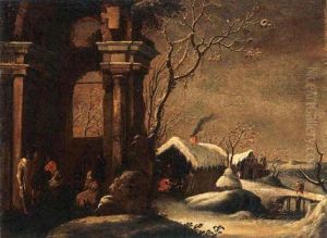 A Winter Landscape With Figures Hiding Against The Cold Amongst Ruins