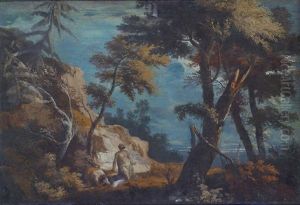 A Rocky Wooded Landscape With Two Hermits by Marco Ricci