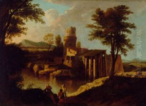 An Italianate River Landscape With Figures On A Bank, A Temple Beyond by Marco Ricci