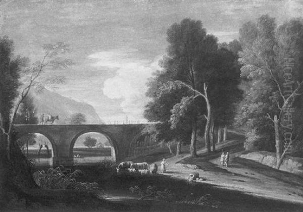 An Extensive Wooded Landscape With Shepherds By A Bridge And A Lake - view 1
