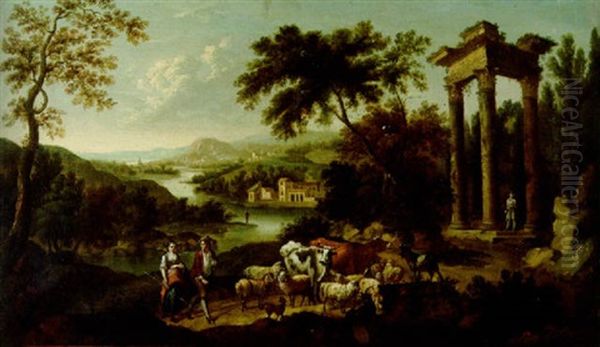 Pastori Con Armenti In Un Paesaggio Fluviale, Con Rovine Classiche E Un Borgo In Lontananza - view 1