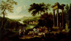 Pastori Con Armenti In Un Paesaggio Fluviale, Con Rovine Classiche E Un Borgo In Lontananza