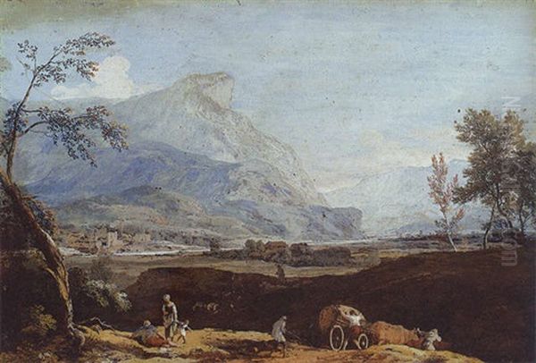 An Extensive Mountain Landscape With Peasants And A Wagon - view 1