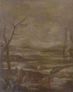 A Winter Landscape With Woodcutters And Travellers by Marco Ricci