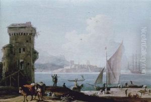 An Extensive View Of A Port With A Tower In The Foreground, A Fort Beyond