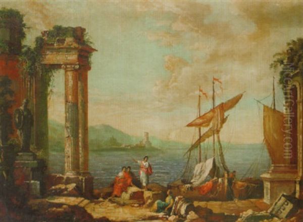 Figures Resting By A Ruined Temple On A Quay - view 1