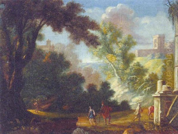 An Italianate Landscape With Peasants By Classical Ruins, A Hilltop Catle Beyond - view 1