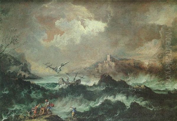 Scene De Tempete Aux Abords D'une Cote Rocheuse - view 1