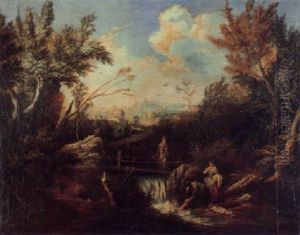 Bachlandschaft Mit Wascherin Und Monch by Marco Ricci