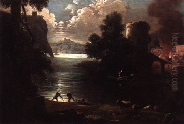 A Moonlit Scene With Figures And Cattle By A Lake, A Town Beyond - view 1