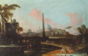 A Capriccio Landscape With Washerwomen By A Pond And Travellers By A Fountain, An Obelisk And A Town Beyond
