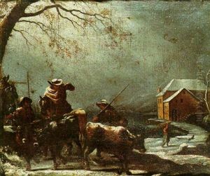 A Winter Landscape With A Traveller And A Herdsman In A Snowstorm