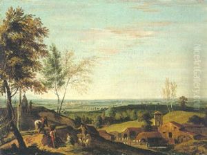 An Open Landscape With Washerwomen By A Watermill And Travellers On A Hilltop Track